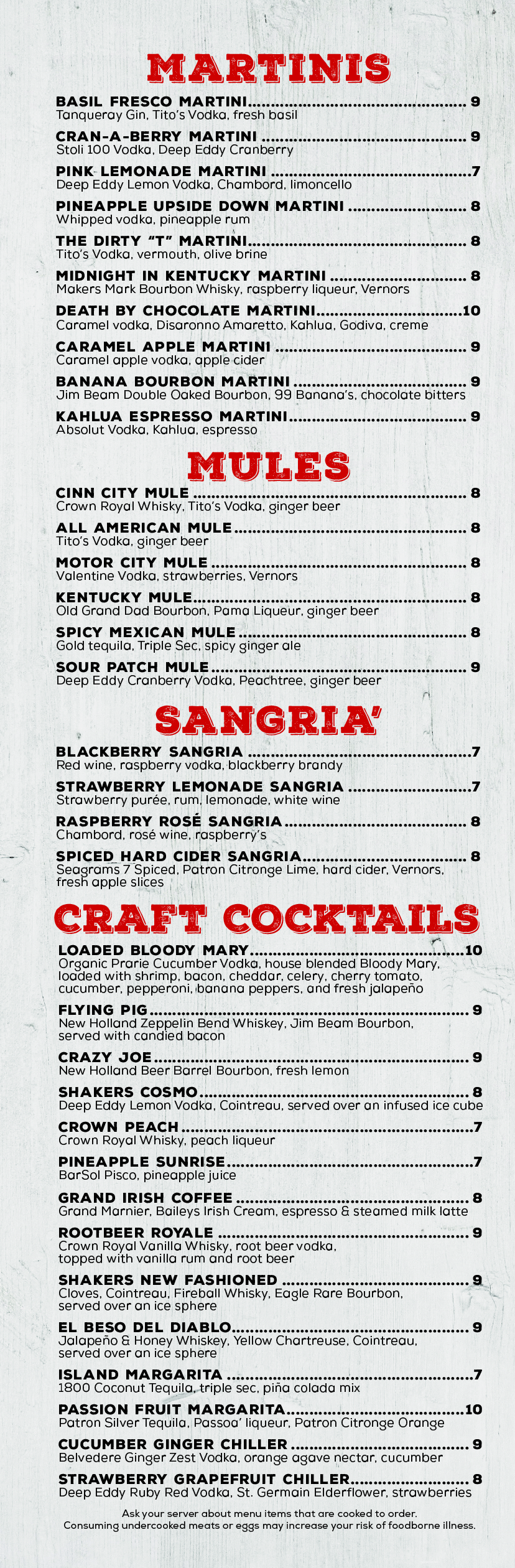 Drinks Menu – Shakers Bar and Grill